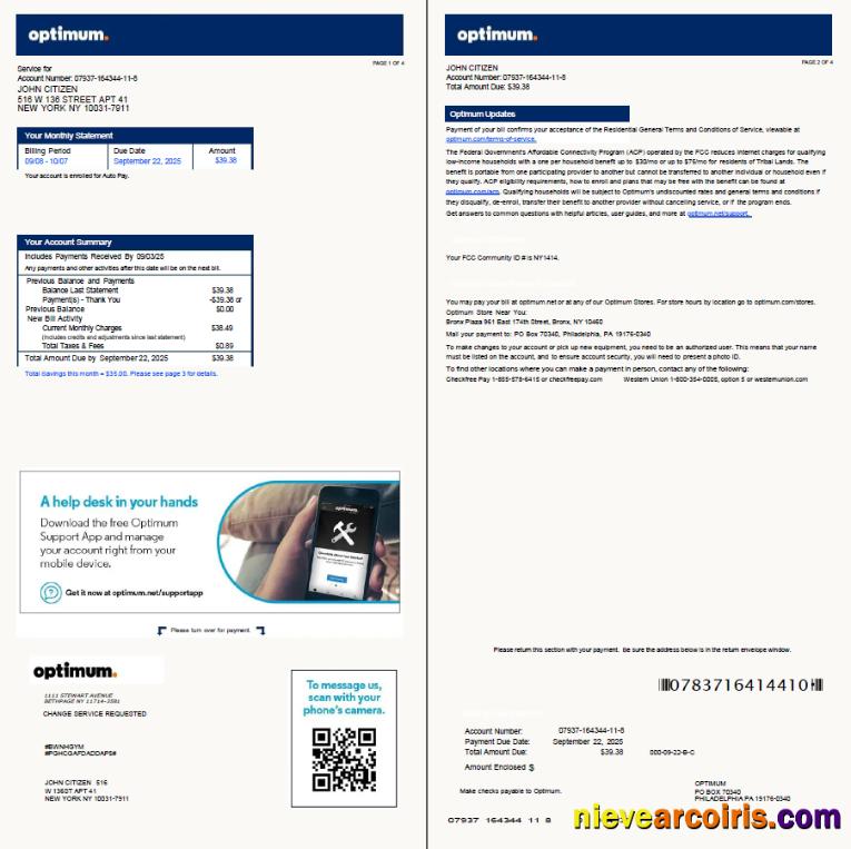USA Optimum utility bill, 4 pages, version 2, 1-2 pages